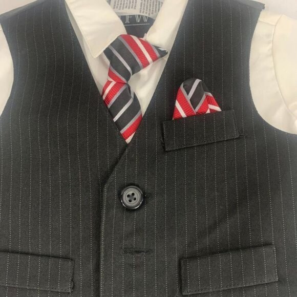Boys Pinstripe Vest Shirt & Tie Set By TFW Black & White Size 3/6 - Picture 3 of 7